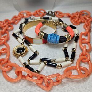 J Crew Jewelry Lot 2 Necklaces 2 Bracelets Black Orange Coral Cream